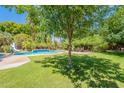 Expansive backyard featuring a pristine pool with slide, lush green lawn, and mature trees, ideal for outdoor enjoyment at 2160 E Kenwood St, Mesa, AZ 85213