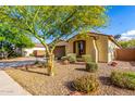 Single-story home with desert landscaping featuring shrubs, gravel, and a tree at 18417 W Elm St, Goodyear, AZ 85395