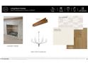 Sample board featuring living room finishes including flooring, paint, mantle, and chandelier at 5941 E Lafayette Blvd, Phoenix, AZ 85018