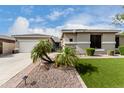 Tan home featuring meticulous landscaping with rocks, greenery, and a three car garage at 6204 W Hedgehog Pl, Phoenix, AZ 85083