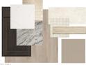 This image showcases a curated selection of interior design materials, including hardwood flooring, tile, granite, and cabinet samples at 35524 N Tin Ct, San Tan Valley, AZ 85144