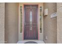 A close-up view of the front door featuring a decorative security screen and unique signage at 22346 N 104Th Ln, Peoria, AZ 85383