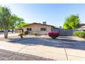A charming home's exterior with desert landscaping, mature trees, and vibrant flowering bushes at 8502 E Malcomb Dr, Scottsdale, AZ 85250