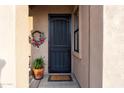 Charming front door with security screen and welcoming wreath and potted plant at 10527 E Acacia Dr, Scottsdale, AZ 85255