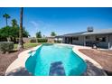 Inviting backyard pool surrounded by lush landscaping and a privacy fence on a sunny day at 2139 W Obispo Ave, Mesa, AZ 85202