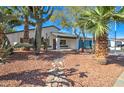 Attractive house with desert landscaping, including cacti and palm trees, offering a unique and charming curb appeal at 2421 E Dragoon Ave, Mesa, AZ 85204