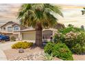 Home exterior with an attached garage, desert landscaping, and mature trees at 43036 W Anne Ln, Maricopa, AZ 85138