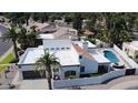 Aerial view showcases the home's backyard pool, private yard, and desert landscaping at 9208 N 83Rd St, Scottsdale, AZ 85258