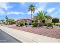 Desert landscaping surrounds this single-story home with a tiled roof and palm trees at 20039 N Hearthstone Dr, Surprise, AZ 85374