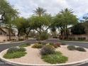 Community entrance featuring a roundabout with desert landscaping and a decorative wrought iron gate at 2031 W Periwinkle Way, Chandler, AZ 85248