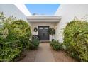 Inviting front entrance featuring double doors, lush landscaping, and a cozy seating area at 39 E Tam Oshanter Dr, Phoenix, AZ 85022