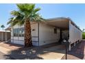 Charming single-story home featuring large windows, a covered carport, a driveway and a beautifully landscaped yard with a mature palm tree at 205 S Higley Rd # 300, Mesa, AZ 85206
