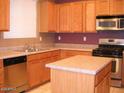 This kitchen is equipped with stainless steel appliances, wooden cabinets, and an island, offering great functionality at 1084 E Saddleback Pl, San Tan Valley, AZ 85143
