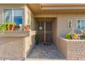 Inviting front entrance with a decorative security door, potted plants, and warm, textured exterior walls at 25225 S Glenburn Dr, Sun Lakes, AZ 85248