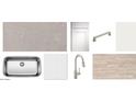 Kitchen material selections featuring quartz counters, white cabinets, stainless sink, tile backsplash, faucet, and flooring at 2325 E Homesteader Rd, San Tan Valley, AZ 85140