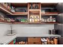 Well-organized pantry with custom wood shelving, white backsplash, and clear containers for easy storage at 22858 E Silver Creek Ln, Queen Creek, AZ 85142
