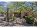 Tan home with a desert xeriscape front yard featuring various bushes, cactus and trees at 17303 N 98Th Pl, Scottsdale, AZ 85255