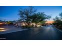 Street view of the community showing desert landscaping, trees, and well-maintained paved roads at twilight at 7130 E Saddleback St # 58, Mesa, AZ 85207