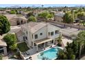 Aerial view showcasing a backyard pool, covered patio, and ample green space in a residential neighborhood with mountain views at 5402 E Helena Dr, Scottsdale, AZ 85254
