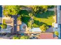 Aerial shot of a large backyard with green grass, mature trees, a garden area, and privacy fencing at 645 S Esquire Way, Mesa, AZ 85202