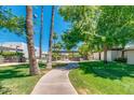 Lush courtyard with a walkway, palm trees, green grass, and shaded seating areas at 8558 E Indian School Rd # A, Scottsdale, AZ 85251
