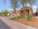 Inviting single-story house featuring a two-car garage, stucco exterior, and mature shade trees at 21533 N Greenway Rd, Maricopa, AZ 85138