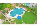 Aerial view of a backyard pool with a diving board, surrounded by lush landscaping at 29506 N 21St Ave, Phoenix, AZ 85085