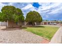 Well-maintained single-story home with mature trees, providing great curb appeal and a driveway at 6869 E Flossmoor Ave, Mesa, AZ 85208