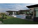 Modern backyard with a rectangular pool, patio furniture, a sculpture, and desert landscaping at 0 N 128Th St, Scottsdale, AZ 85255
