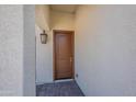 A charming brown wooden front door framed by textured walls and a sleek, modern lantern at 4467 S 116Th Ln, Avondale, AZ 85323