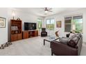 Bright living room with plush carpeting, ceiling fan, and view of backyard at 2425 W Bronco Butte Trl # 2011, Phoenix, AZ 85085