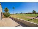 Scenic backyard patio with golf course views and mature palm trees in the community at 2211 N Recker Rd, Mesa, AZ 85215