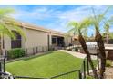 Expansive backyard featuring lush green grass and mature palm trees, enclosed by black metal fencing at 11958 W Villa Chula Ln, Sun City, AZ 85373