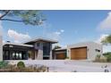 Contemporary home boasts clean lines, stone accents, a flat roof and wood garage doors, complemented by desert landscaping at 3648 N Sky Point Cir, Mesa, AZ 85207