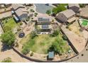 Aerial view of a home showcasing a spacious backyard with a trampoline, garden beds, a patio, and solar panels at 21188 N Duncan Dr, Maricopa, AZ 85138