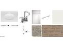 A curated selection of bathroom finishes, including countertops, cabinetry, tile backsplash, faucet, and flooring options at 2639 E Rustler Rd, San Tan Valley, AZ 85140