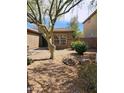 Inviting front yard featuring desert landscaping with rocks and flowering bushes under a shady tree at 1333 E Cecil Ct, Casa Grande, AZ 85122