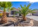 Attractive single-story home showcasing desert landscaping, including palm trees and cacti at 13523 W Remuda Dr, Peoria, AZ 85383