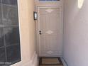 A close-up of the front door, it features a secure screen door and is well-lit at 9853 W Pontiac Dr, Peoria, AZ 85382