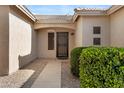 Inviting front entrance featuring a secure door, decorative bushes, and a tiled walkway to the home at 21299 E Roundup Way, Queen Creek, AZ 85142