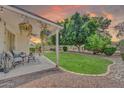 Inviting covered patio with hanging plants and a lush green lawn perfect for outdoor living at 5283 W Dublin Ct, Chandler, AZ 85226