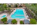 Aerial view of a large community pool surrounded by palm trees and lounge chairs at 1069 S Nancy Ln, Gilbert, AZ 85296