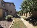 View of the landscaped side yard between two houses featuring low maintenance gravel, pavers and mature trees at 1738 W Pollack St, Phoenix, AZ 85041