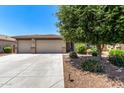 Well-manicured front yard featuring a three-car garage and lush, mature trees and shrubbery at 35654 N Vidlak Dr, San Tan Valley, AZ 85143