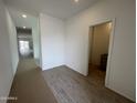 Hallway of a newly constructed home with wood tile flooring and white walls at 47451 W Kenner Dr, Maricopa, AZ 85139