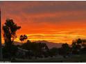Scenic sunset view of a well-maintained community featuring lush landscaping and palm trees against an orange sky at 3394 N 147Th Ln, Goodyear, AZ 85395