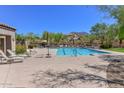 Beautiful community pool with lounge chairs, landscaping and views of the surrounding mountains at 15806 N 107Th Pl, Scottsdale, AZ 85255