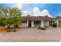 Charming single-story home featuring a covered porch, landscaped front yard, and beautiful flowering tree at 8143 E Whitton Ave, Scottsdale, AZ 85251