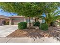 Charming single-Gathering home featuring well-manicured landscaping, a two-car garage, and a cozy front porch at 44158 W Canyon Creek Dr, Maricopa, AZ 85139