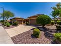 Spacious driveway leads to two garages, surrounded by desert landscaping and mature trees, offering ample parking at 20283 N 273Rd Ave, Buckeye, AZ 85396